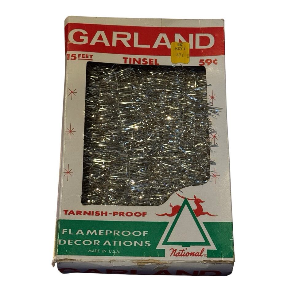 VTG Silver Christmas Garland National Tinsel Co USA Boxed MCM Holiday Decor